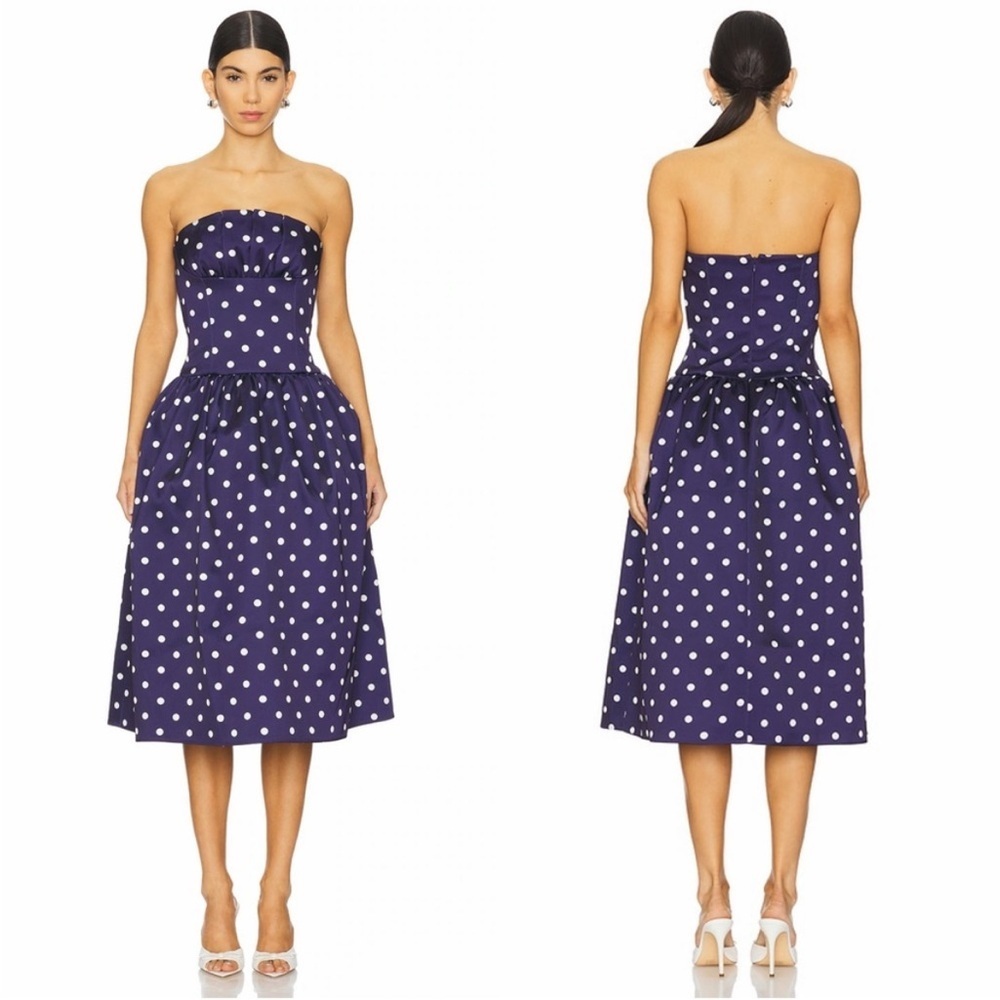 Self-Portrait Polka Dot Satin Midi Dress in Navy